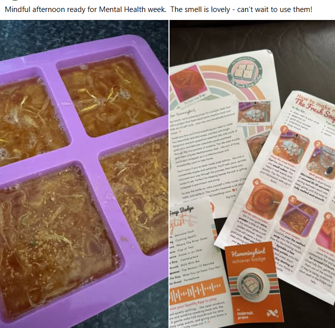 Community share: handmade soap bars in a purple mould alongside the Hummingbird achiever badge and instructions.
